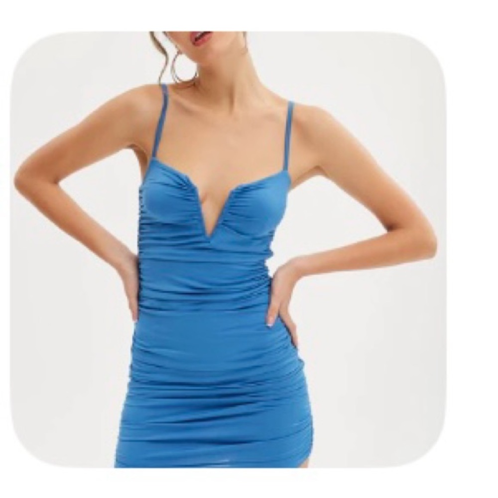 Blue Ruched Spaghetti Strap Mini Dress